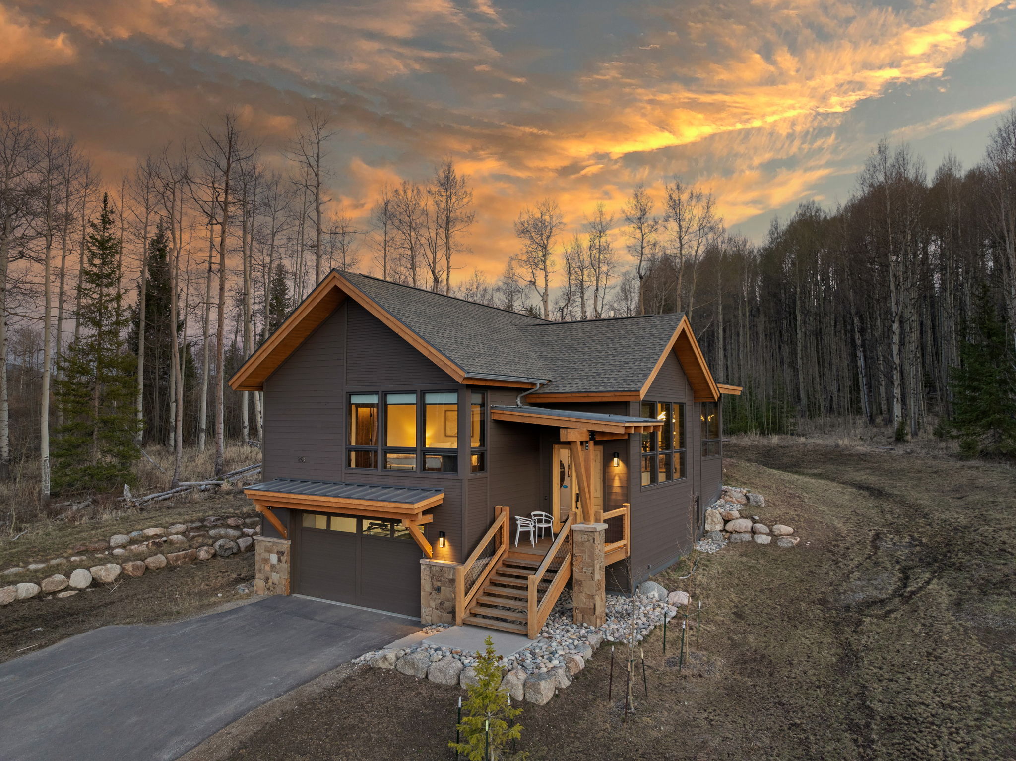 Vendette Peak Lodge at golden sunset, aerial view