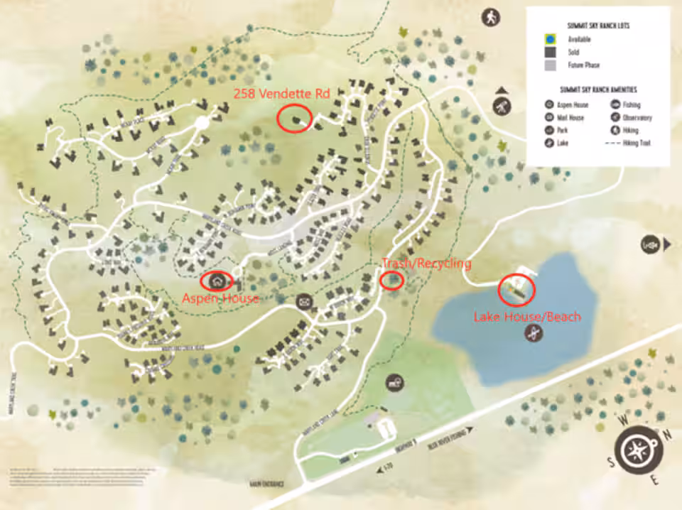 Summit Sky Ranch community map showing 258 Vendette Rd, Aspen House, and Lake House locations